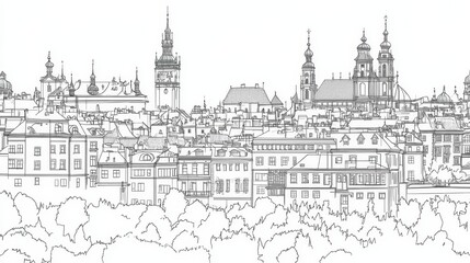 Obraz premium Krakow Skyline Line Art Drawing - Single line drawing of Krakow's cityscape, symbolizing architecture, history, tourism, urban landscape, and Polish heritage