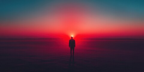 Fototapeta premium A silhouetted person stands in the ocean at sunset. 