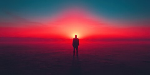 A silhouetted person stands in the ocean at sunset.
