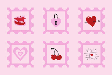 Set of cute Valentine's Day postage stamps. Collection of stickers on the theme of love. Hand drawn vector illustration.