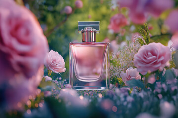 A luxurious glass perfume bottle with a pink liquid is nestled among delicate roses and lush greenery, softly illuminated by natural sunlight for a dreamy floral aesthetic