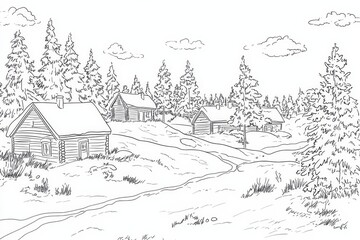 Lapland Cottages Winter Line Art - Single line drawing of snowy Lapland cottages, symbolizing winter, tranquility, nature, rural life, and Finnish culture