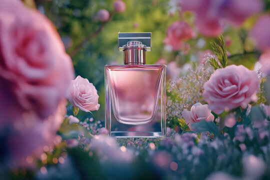 A luxurious glass perfume bottle with a pink liquid is nestled among delicate roses and lush greenery, softly illuminated by natural sunlight for a dreamy floral aesthetic