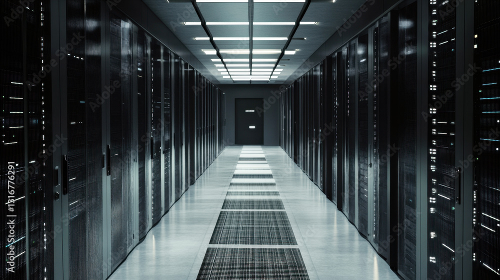 Poster well-organized data center with multiple rows of server racks lit by bright overhead lights, highlig