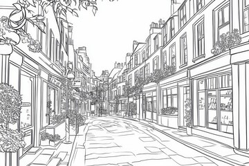 London Street Scene Line Art Drawing - Single line drawing of a charming London street, symbolizing urban exploration, architectural beauty, peaceful atmosphere, quaint shops, and historical charm