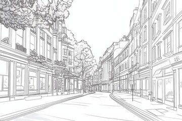 London Street Scene Line Art Drawing - Single line drawing of a London street, symbolizing architecture, urban life, history, elegance, and tranquility