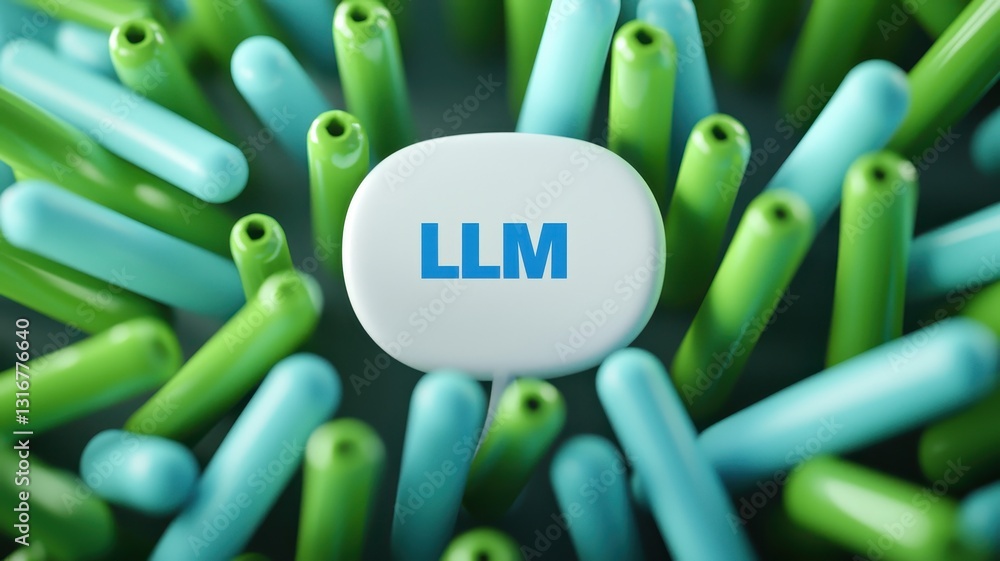 Poster abstract llm concept white speech bubble with llm text surrounded by green and teal cylinders