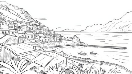 Obraz premium Madeira Island Coastal Village Line Drawing - Single line drawing of a charming coastal village nestled against a hillside, overlooking a calm sea with boats. It symbolizes serenity, coastal life