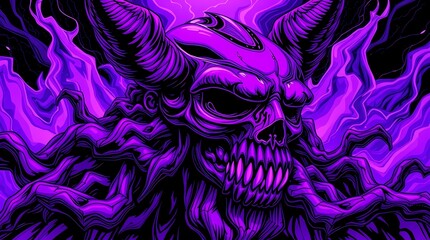 Demonic Skull: A chilling depiction of a demonic skull with intricate details, wreathed in ethereal purple flames, set against a dark, mysterious backdrop.