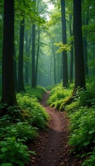 Obraz premium Forest trail meanders through dense underbrush and moss, terrain, natural, underbrush