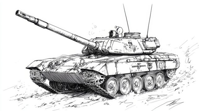 M60 Patton Tank: Line Art Drawing - Single line drawing of an M60 Patton tank, symbolizing military power, Cold War history, armored warfare, engineering, and American military might