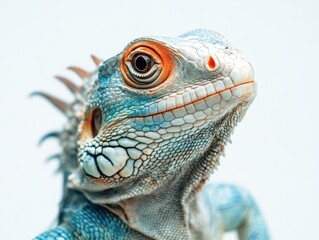 Vibrant Blue Iguana Close-Up on White Background
