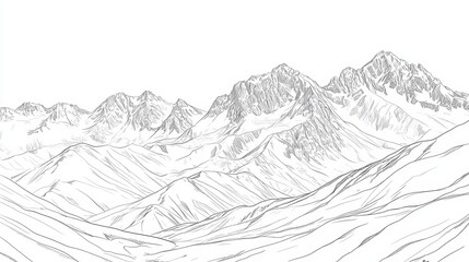 Majestic Mountain Range Drawing - Line drawing of a majestic mountain range, perfect for coloring, photos, and design projects. Detailed peaks and valleys