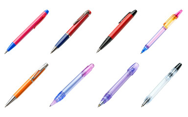 Fototapeta premium Set of colorful pens in various designs and sizes isolated on transparent background, Cutout PNG