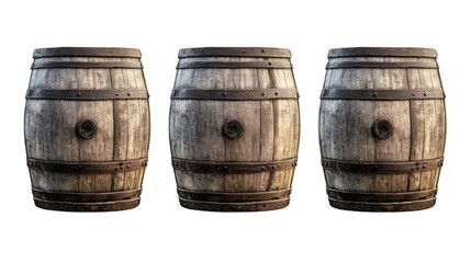 Fototapeta premium three old wooden barrels isolated on a white background