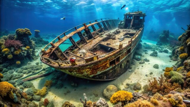 Desolate wreck lies at the bottom of the ocean, covered in seaweed and coral, with rusted metal and wooden debris scattered around , sea wreck, decaying hull