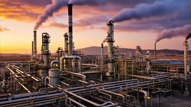 Industrial Complex at Sunset: A sprawling industrial complex, belching plumes of smoke into the sky, stands under a vibrant sunset.
