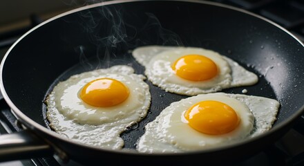 Delicious Sunny-Side Up Eggs Cooking in a Black Frying Pan A Perfect Breakfast Meal Preparation