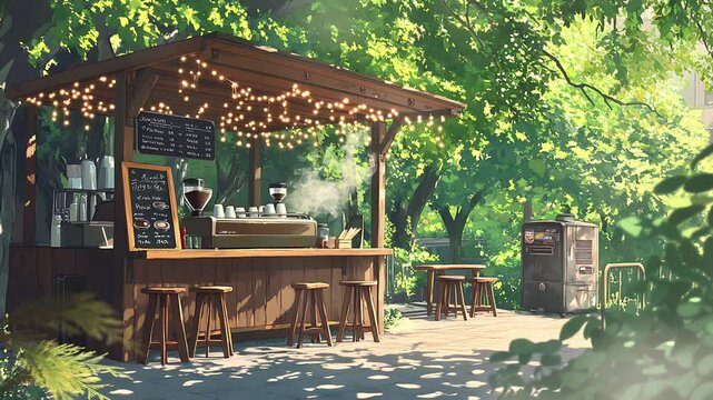 Sunny outdoor coffee shop with string lights, wooden counter, stools, and tables under lush green trees. Seamless looping time lapse animation video background, lo-fi art.