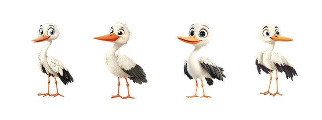 Fototapeta premium Set of animated stork characters in different poses isolated on transparent background, Cutout PNG