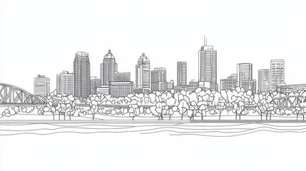 Fototapeta premium Memphis Skyline Drawing - Single-line drawing of Memphis cityscape, symbolizing urban architecture, nature, bridges, rivers, and community
