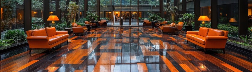 Modern Lobby Interior with Glossy Floor and Stylish Seating Area