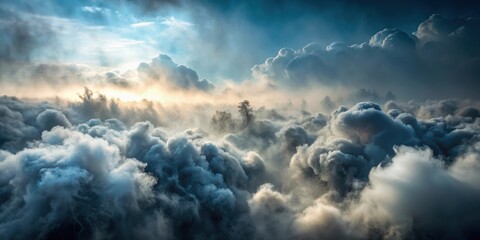 Obraz premium Dense foggy atmosphere with dry ice smoke and misty clouds in the background, fog, mist, fog, mist