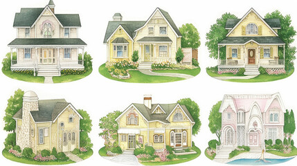Naklejka premium Charming collection of six illustrated houses showcasing various architectural styles and colors, surrounded by lush greenery and gardens, evoking sense of warmth and home