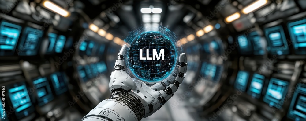 Poster futuristic robotic hand presenting llm technology globe in digital environment