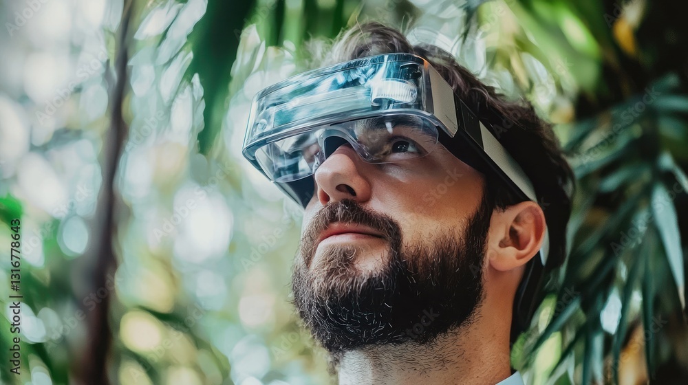 Poster man exploring virtual reality in lush greenery