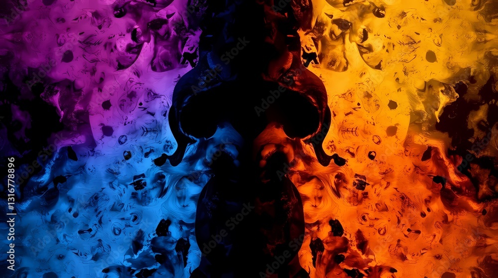 Poster illusion of fire and water: an artistic representation featuring a statue against a colorful backdro