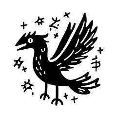 Obraz premium Creative representation of a mythical bird surrounded by magical symbols in a bold black and white style