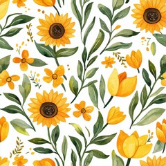 Watercolor Floral Seamless Pattern Sunflowers Tulips and Yellow Flowers Botanical Illustration