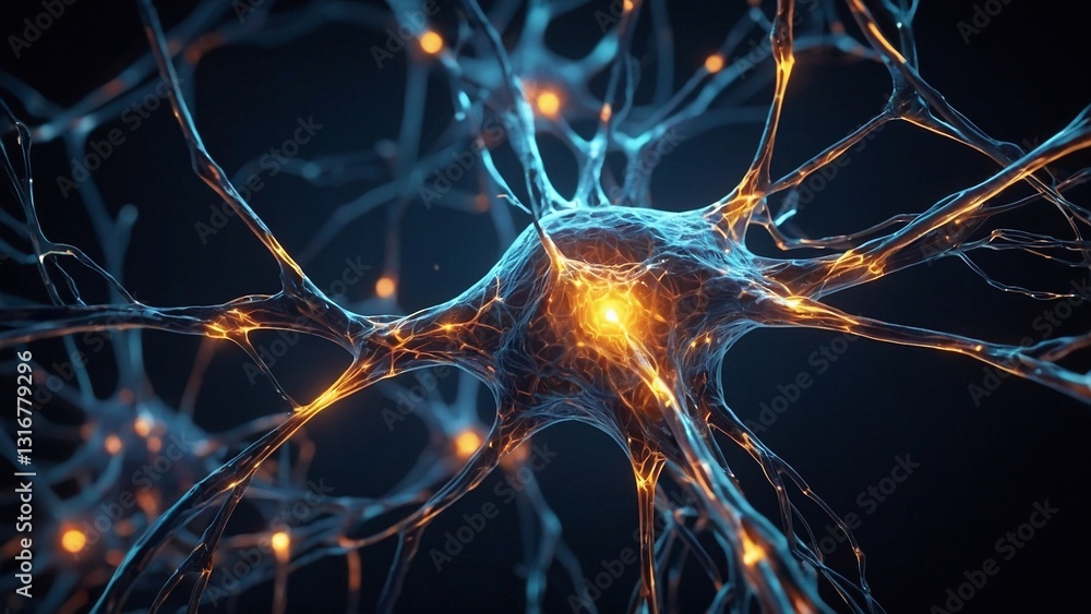 Fototapete abstract background with lights 3d rendered neuron network with electrical impulses detailed neuron 