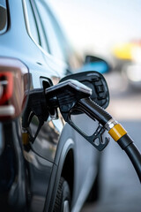 Fuel pump refueling car at gas station on a sunny day