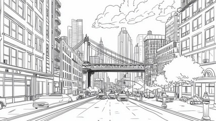 Obraz premium New York City Line Art Coloring Page - Single line drawing of a New York City street scene, featuring a bridge, skyscrapers, cars, and trees. Symbolizing urban life, architecture, transportation
