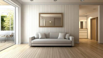 Fototapeta premium Modern living room with sofa, mirror, and patio doors.
