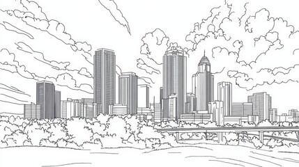 Oklahoma City Skyline Drawing - Single-line drawing of Oklahoma City skyline, symbolizing urban growth, architectural design, city life, nature's embrace, and community spirit
