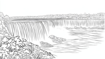 Niagara Falls Line Drawing - A single-line drawing of Niagara Falls, showcasing the powerful cascade and surrounding landscape. Ideal for coloring