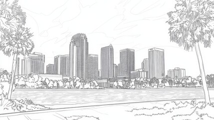 Fototapeta premium Orlando Skyline Line Art Drawing - Single line drawing of Orlando's cityscape, symbolizing urban life, nature, architecture, tourism, and Florida's beauty