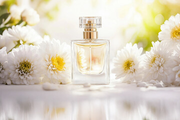 A transparent perfume bottle with golden details sits among delicate white flowers, illuminated by soft natural light, creating a dreamy and elegant composition