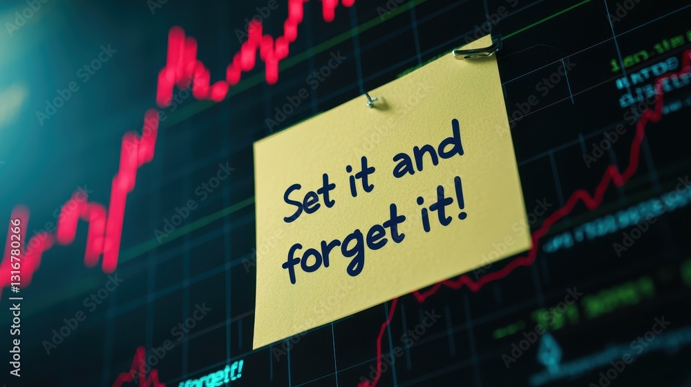 Poster sticky note with set it and forget it on stock market chart background