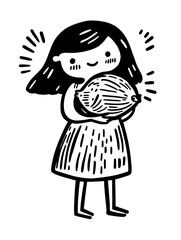 Fototapeta premium Joyful girl holding a large lemon with excitement in a whimsical, hand-drawn style