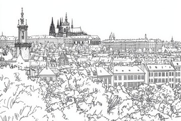 Obraz premium Prague Skyline Line Art Coloring Page - Single line drawing of Prague cityscape, symbolizing architecture, history, travel, culture, and beauty. A detailed coloring page