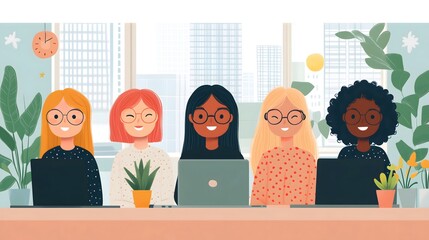 Diverse group of women smiling and working together in a bright office space during the day