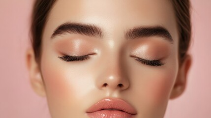 Fototapeta premium Close-up of woman's face, eyes closed, showcasing well-groomed brows and subtle makeup. Ideal for beauty, cosmetics, or skincare websites and advertising.