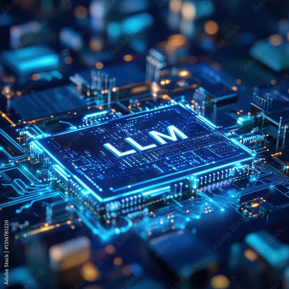 Poster llm technology close up of advanced ai microchip circuit board