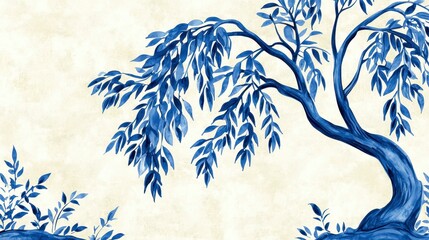 Blue Willow Tree Watercolor Illustration