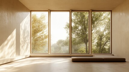 Fototapeta premium An airy room bathed in soft light reveals its serene simplicity, with light-colored concrete floors and pale beige walls creating a tranquil sanctuary. Minimalist design exudes calm elegance