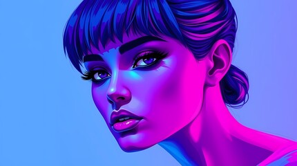 Obraz premium Neon Portrait of a Stylish Woman: A captivating portrait of a stylish woman, bathed in vibrant neon hues of blue and purple, showcasing her elegant features and confident gaze. 